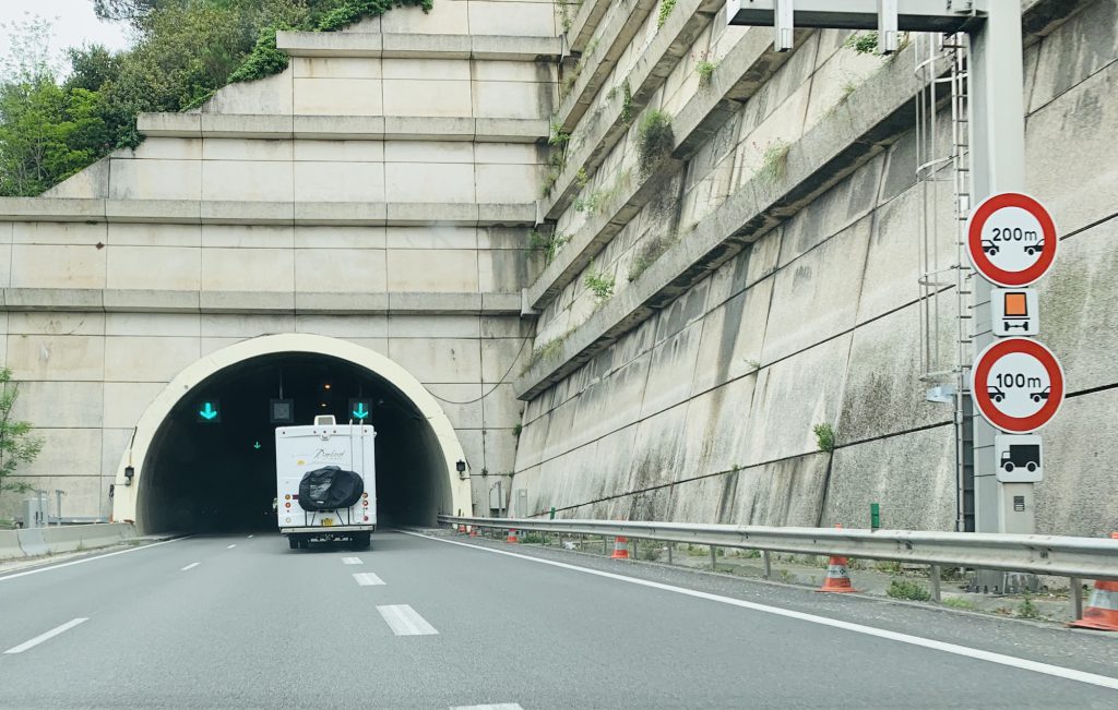 Our RV driving into a tunnel in Italy